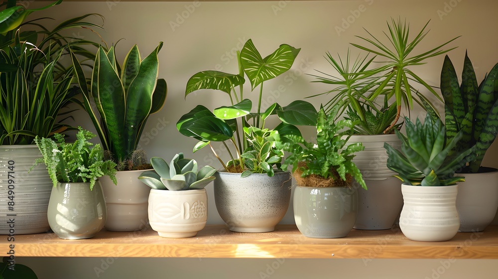 A variety of potted plants were arranged on an indoor shelf, including green leaves and grey pots, with various types of houseplants. A variety of potted plants were arranged on an indoor shelf, including green leaves and grey pots, with various types of houseplants.