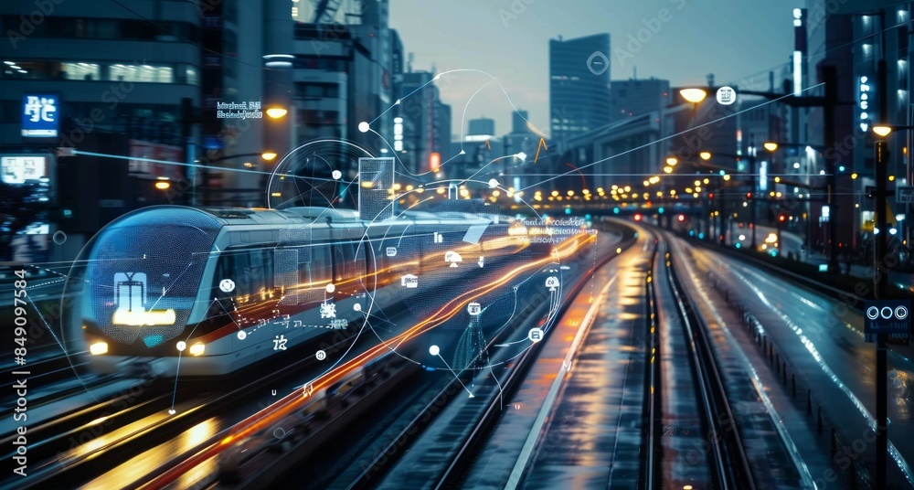 Urban night scene with tram, colorful light trails, wet city streets reflecting city lights and modern architecture Urban night scene with tram, colorful light trails, wet city streets reflecting city lights and modern architecture