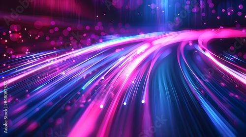 Abstract background with colorful light streaks and bokeh lights in purple, blue and pink colors, with a speed motion effect.