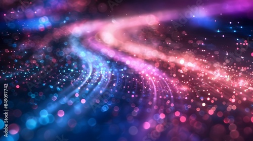 Abstract background with colorful light streaks and bokeh lights in purple, blue and pink colors, with a speed motion effect.