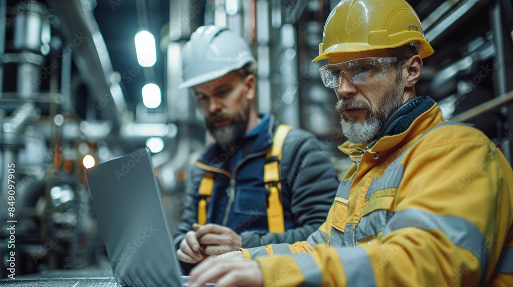 Engineer using a laptop to access building design software on site, discussing changes with a foreman. Engineer using a laptop to access building design software on site, discussing changes with a foreman.