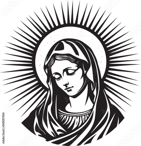 A black and white vector logo of a portrait of Mary, mother to Jesus Christ on an isolated background with rays radiating from behind her like sunbeams. elegance while maintaining