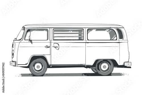 hippie van, vintage surf bus. Simple vector black and white drawing with thick lines, on empty white background and no shadows