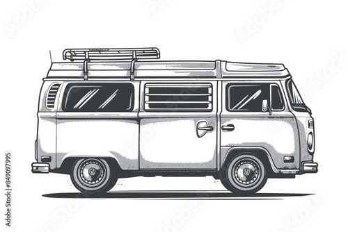 hippie van, vintage surf bus. Simple vector black and white drawing with thick lines, on empty white background and no shadows