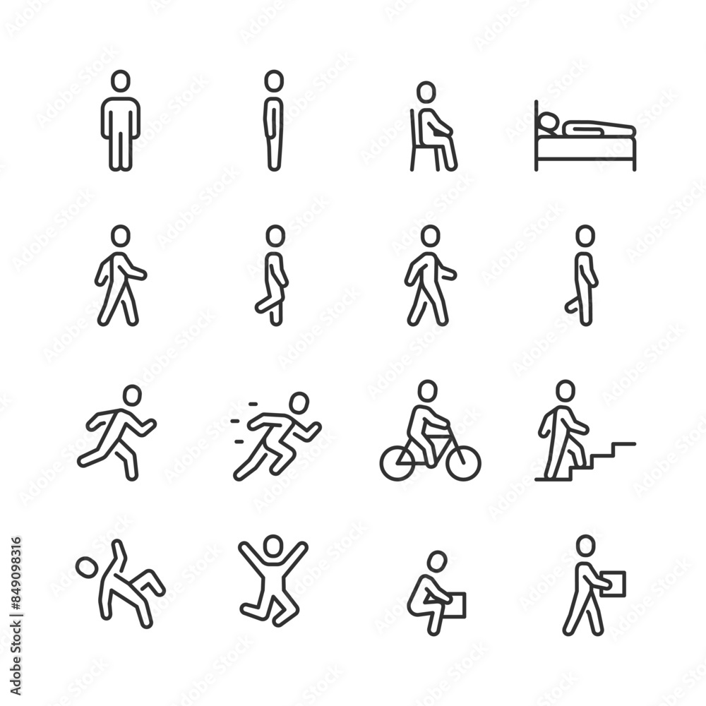 Person Movement, icon set. Figure in Various Poses. Standing, Sitting, Lying Down, Walking, Running, Sprinting, Riding a Bicycle, Climbing Stairs, Falling, Jumping, Lifting. Line with editable stroke Person Movement, icon set. Figure in Various Poses. Standing, Sitting, Lying Down, Walking, Running, Sprinting, Riding a Bicycle, Climbing Stairs, Falling, Jumping, Lifting. Line with editable stroke