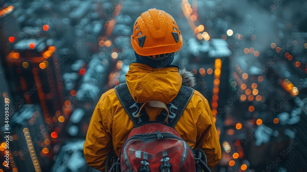 Engineer wearing a safety harness, inspecting work on a high-rise construction project. Engineer wearing a safety harness, inspecting work on a high-rise construction project.
