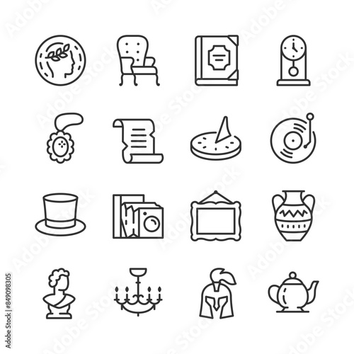 Vintage Items, icon set. Classic, historical objects. Antique Coin, Armchair, Clock, Jewelry, Vinyl Record, Cloth, Camera, Frame, Vase, Statue, Chandelier, Helmet, Teapot. Line with editable stroke