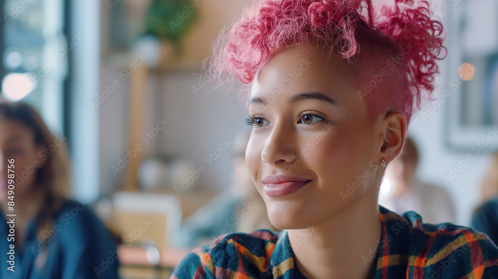 In a positive virtual team meeting, a young professional with pink hair actively engages with colleagues, reflecting the diversity of the remote workplace. In a positive virtual team meeting, a young professional with pink hair actively engages with colleagues, reflecting the diversity of the remote workplace.
