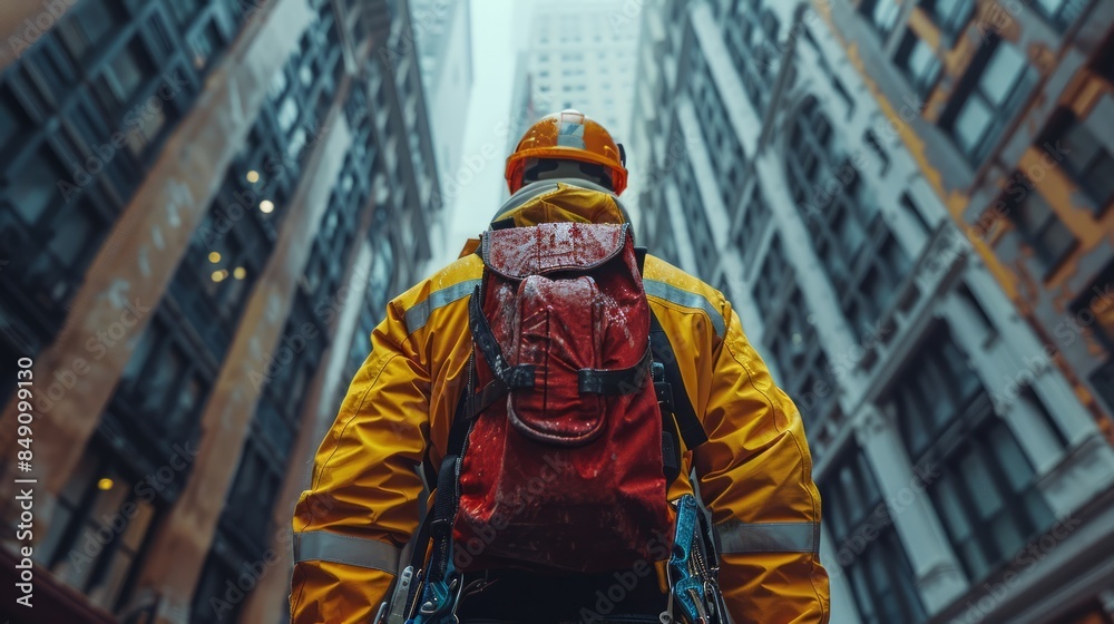 Engineer wearing a safety harness, inspecting work on a high-rise construction project. Engineer wearing a safety harness, inspecting work on a high-rise construction project.