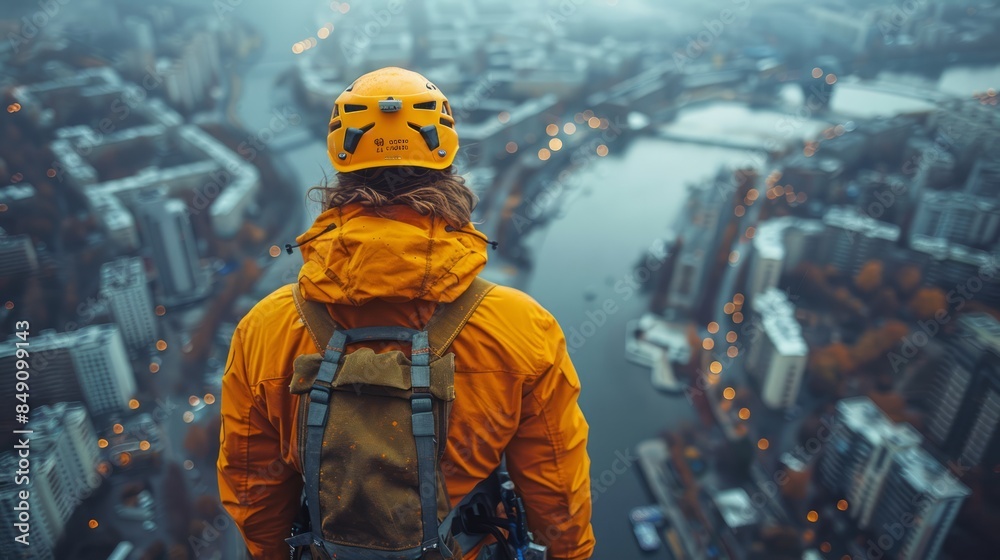 Engineer wearing a safety harness, inspecting work on a high-rise construction project. Engineer wearing a safety harness, inspecting work on a high-rise construction project.