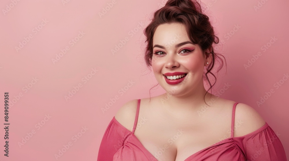 portrait of a beautiful smiling plump Caucasian young woman in an open dress, studio shooting. pink background, copyspace. clothes for plump women portrait of a beautiful smiling plump Caucasian young woman in an open dress, studio shooting. pink background, copyspace. clothes for plump women