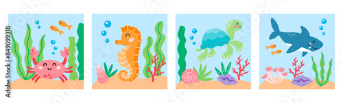 Set of cute cartoon sea animal square illustration. Crab, seahorse, turtle and shark characters. Undersea, marine life kid print, posters. 