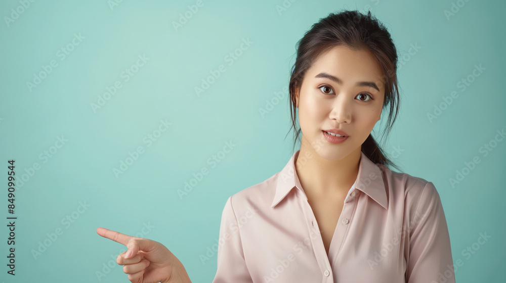 A confident Asian woman presenting with a pointing gesture, her elegance highlighted against a clean light blue backdrop. A confident Asian woman presenting with a pointing gesture, her elegance highlighted against a clean light blue backdrop.
