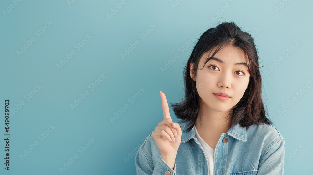 A young and attractive Asian model, confidently presenting with a pointing gesture, against a light blue background. A young and attractive Asian model, confidently presenting with a pointing gesture, against a light blue background.