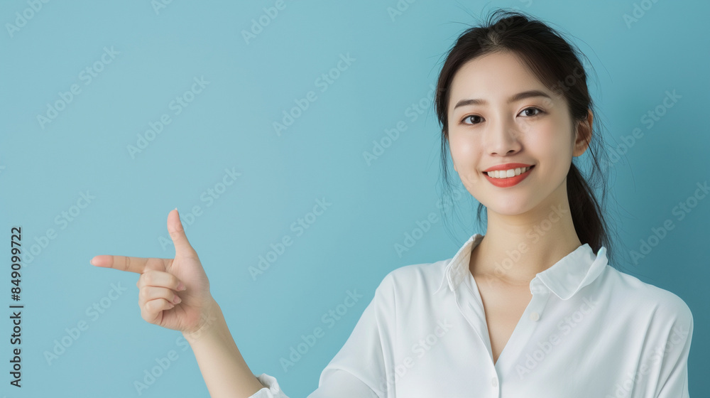 An elegant Asian woman presenting with confidence, pointing towards a light blue background with ample copy space. An elegant Asian woman presenting with confidence, pointing towards a light blue background with ample copy space.