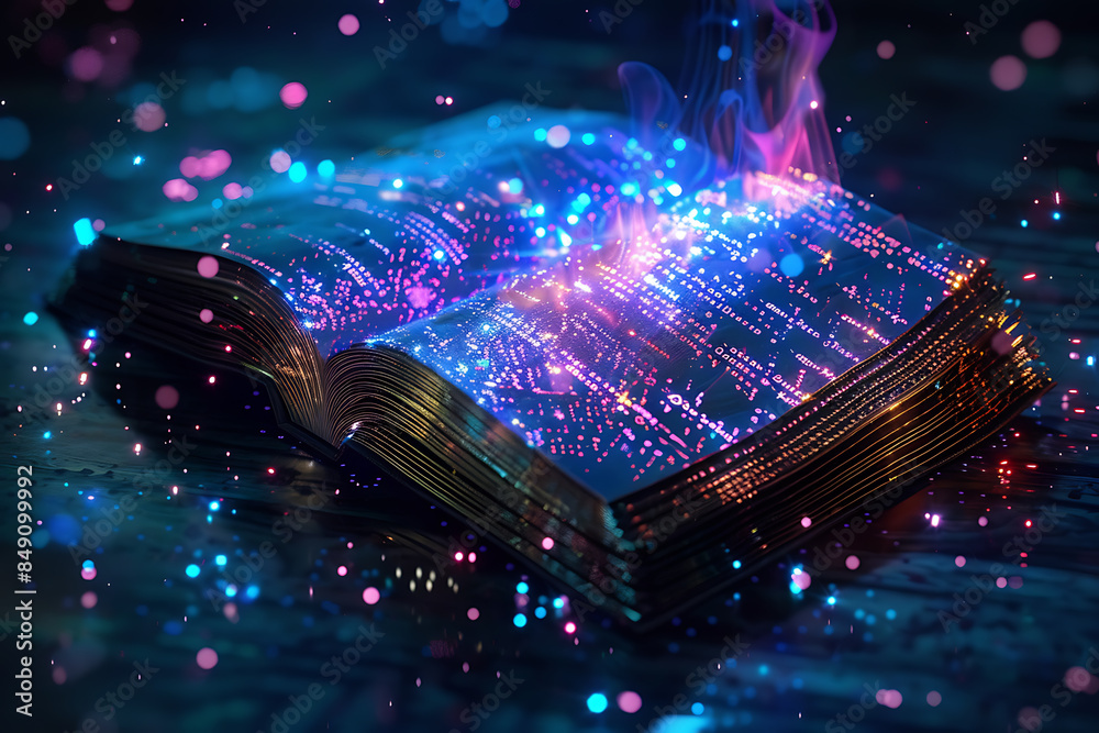 a futuristic magical book covered in binary code, combining magic and science. mystical symbols and technological patterns, highlighting the fusion of technology and magic