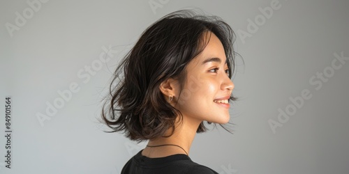 Side profile of a young woman with dark hair tied back, wearing a black shirt, standing against a light grey background.