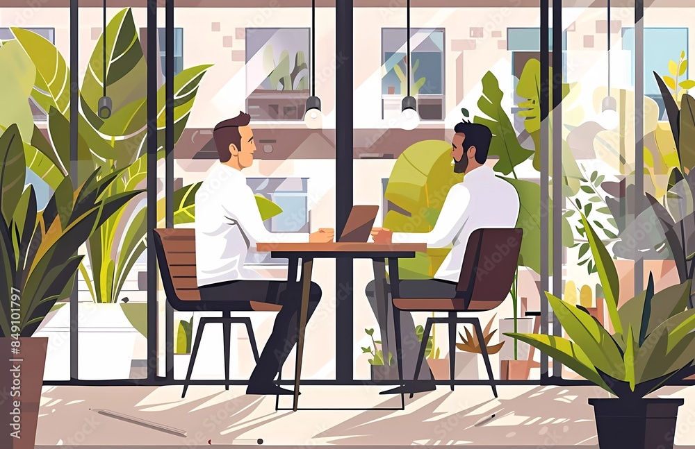 Two men in white shirts meeting and talking in chairs, sitting at table with laptop computer, in flat vector illustration style.