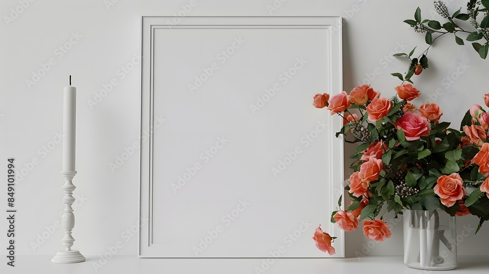 Minimalist white frame mockup with pink and orange roses on the right side, and an empty candlestick next. The plain white background. Minimalist white frame mockup with pink and orange roses on the right side, and an empty candlestick next. The plain white background.