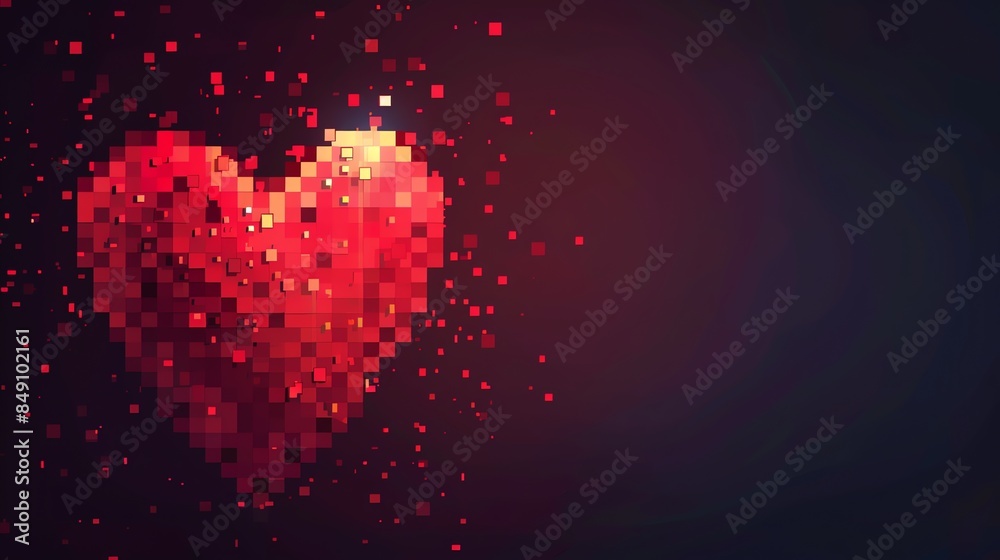 A pixelated red heart with a glow, against a dark background.