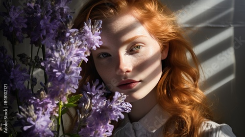 Redheaded girl with freckles delighting in lavender bouquet s fragrance in soft summer sunlight