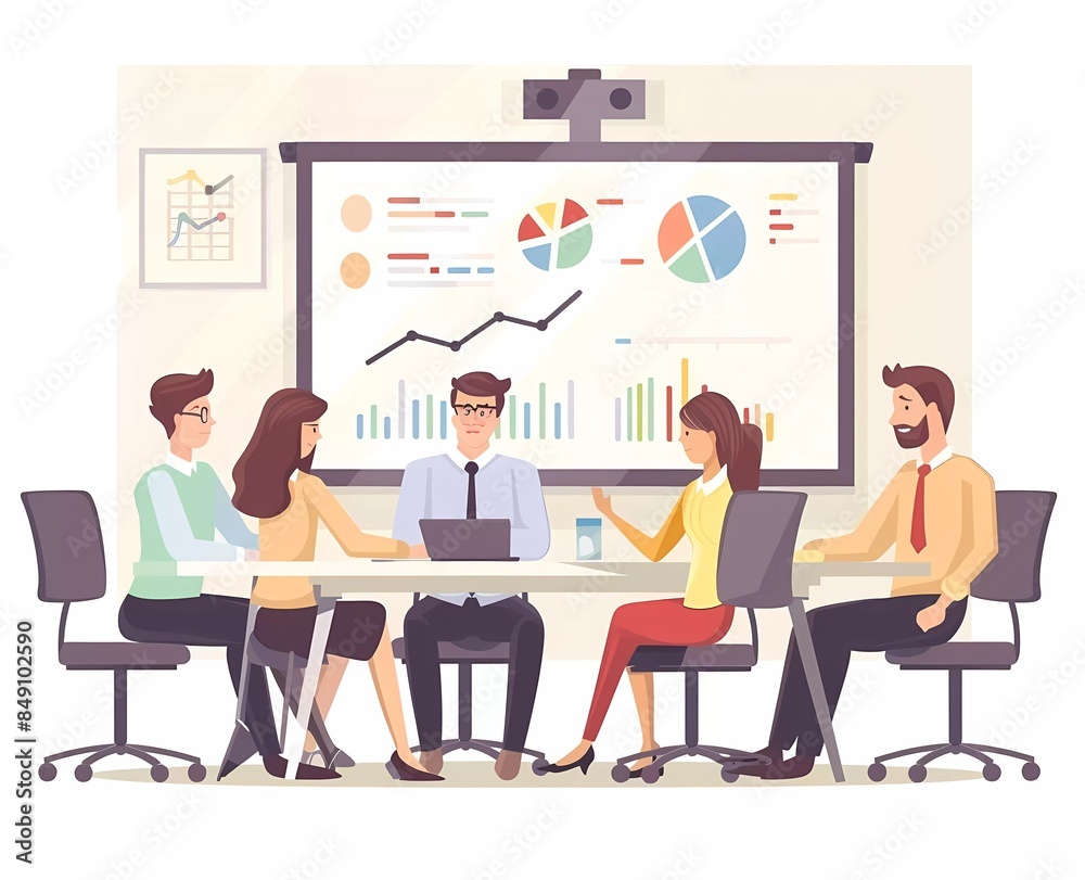 vector flat illustration of business people meeting in the office, whiteboard with graphs and charts on the wall, smiling man giving a presentation to the team vector flat illustration of business people meeting in the office, whiteboard with graphs and charts on the wall, smiling man giving a presentation to the team