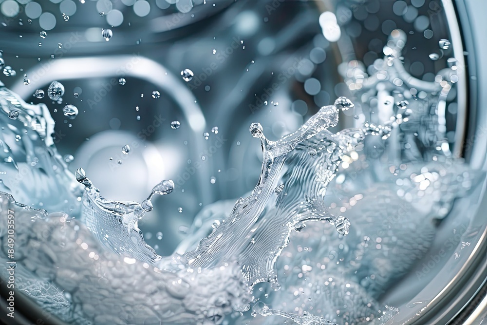Water splashing out of the washing machine drum, in a closeup view