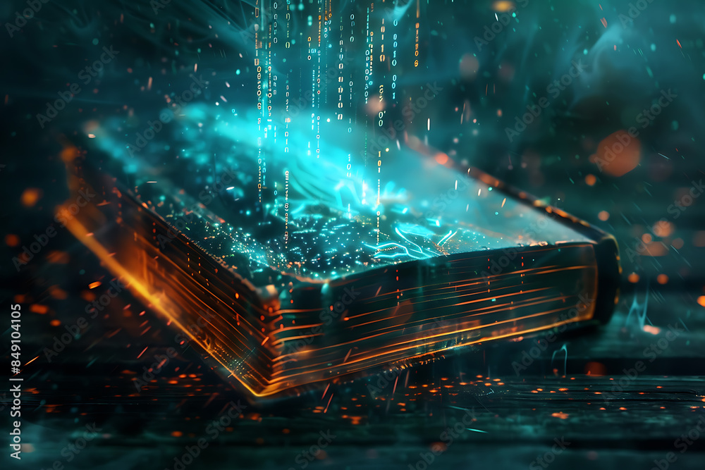 a futuristic magical book covered in binary code, combining magic and science. mystical symbols and technological patterns, highlighting the fusion of technology and magic