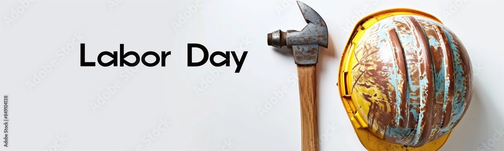 Naklejka premium Labor Day Celebration with Rustic Hammer and Worn Construction Helmet.