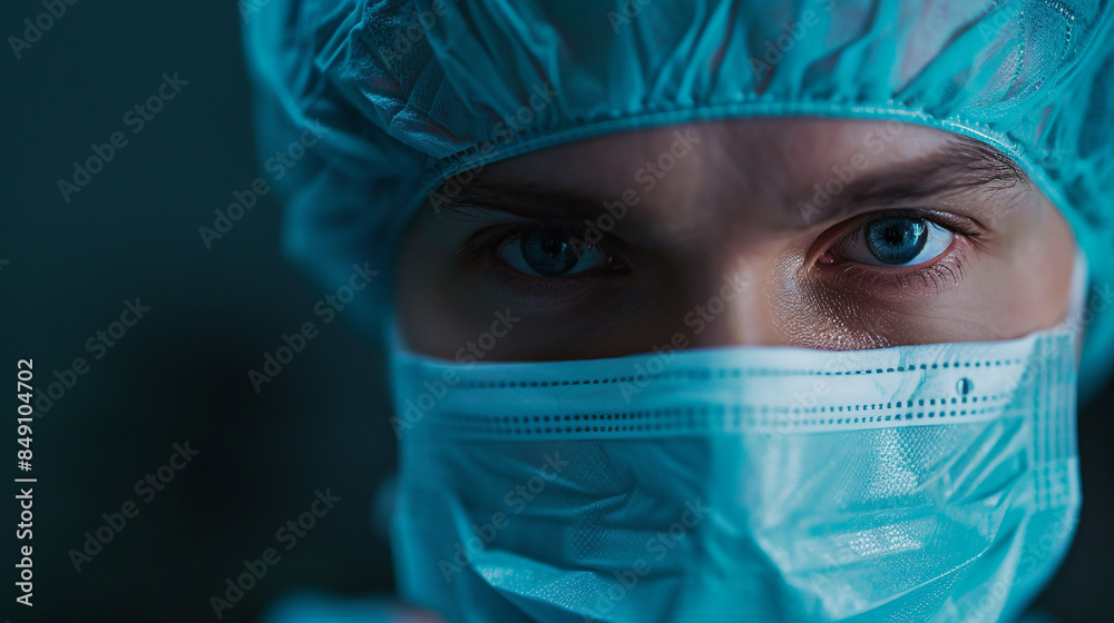 Close-up of a male surgeon with a mask on his face. Sterile medical form. Doctor before operating room Close-up of a male surgeon with a mask on his face. Sterile medical form. Doctor before operating room