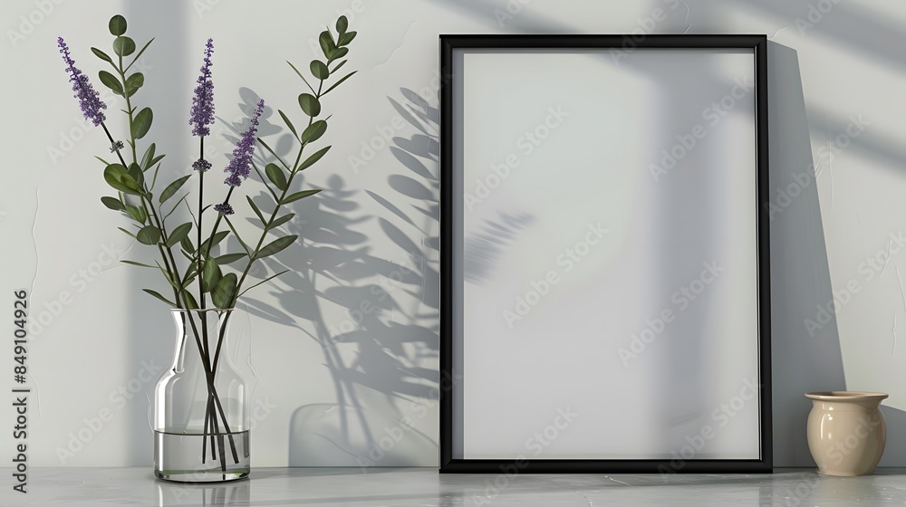 Sleek black frame mockup adorned with lavender and soft green leaves on the left, accompanied by a simple glass vase. The backdrop is a smooth, matte white. Sleek black frame mockup adorned with lavender and soft green leaves on the left, accompanied by a simple glass vase. The backdrop is a smooth, matte white.