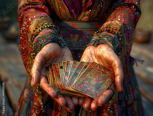 Gypsy Card Reader s Elegant Hands Shuffling a Deck of Colorful Tarot Cards photo