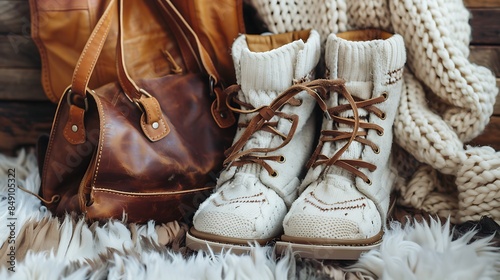 pair of fashionable winter ugg boots and leather bag on knitted background