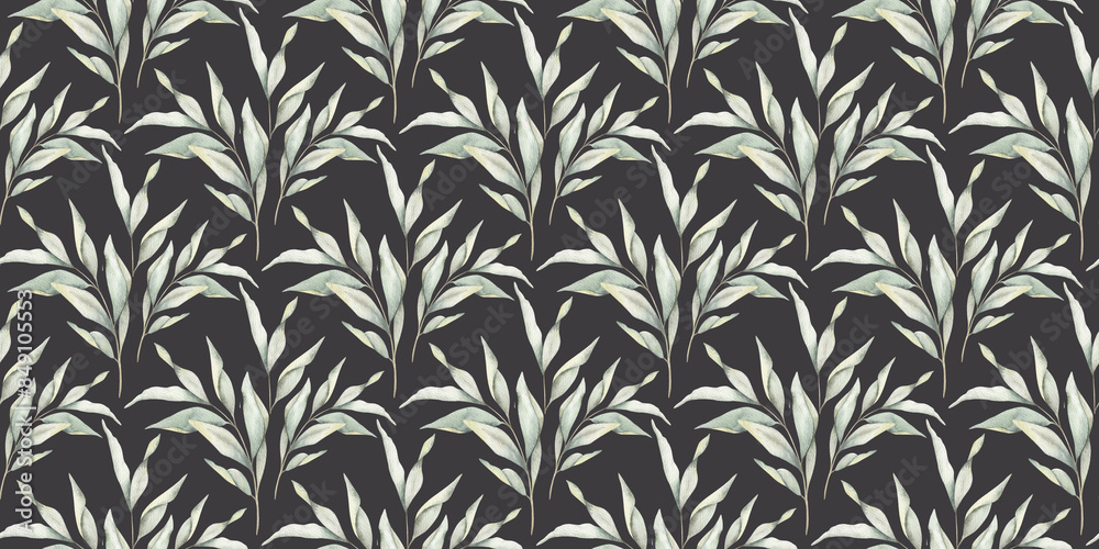 Green branches with leaves. Hand drawn watercolor seamless pattern of Twigs. Summer floral background for wedding design, textiles, wrapping paper, scrapbooking Green branches with leaves. Hand drawn watercolor seamless pattern of Twigs. Summer floral background for wedding design, textiles, wrapping paper, scrapbooking