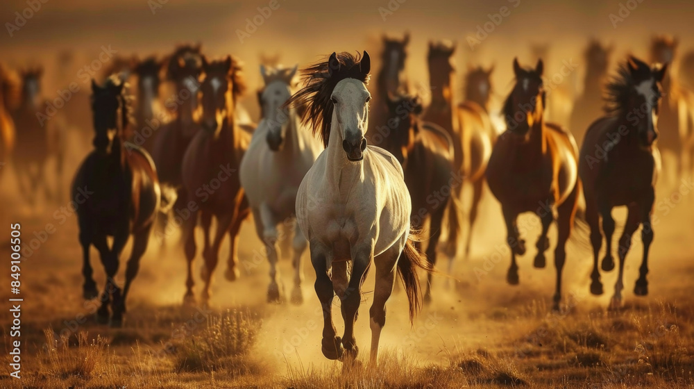 Obraz premium Horse herd run in desert sand storm against dramatic sky