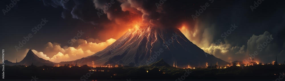 Dramatic volcanic eruption under a dark sky, showcasing intense lava flow and smoke, capturing the raw power of nature. Dramatic volcanic eruption under a dark sky, showcasing intense lava flow and smoke, capturing the raw power of nature.