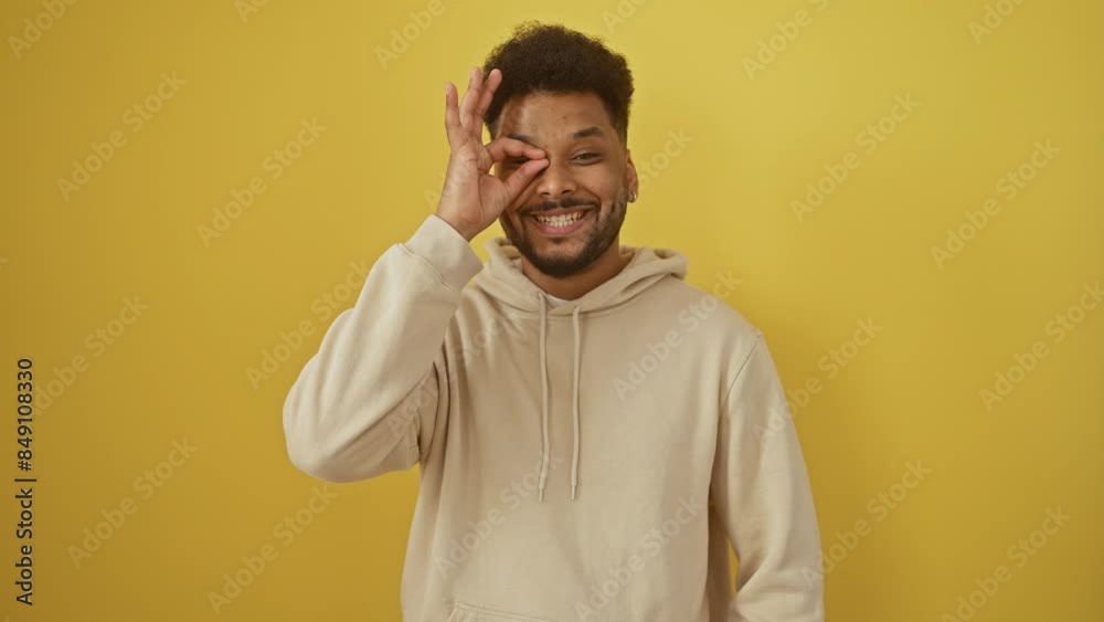 Cheerful african american man in a hoodie, flashing a fun 'ok' sign, fingers forming playful binoculars, eyes twinkling through his 'hand-cam'. isolated happy guy on a sunny yellow background. Cheerful african american man in a hoodie, flashing a fun 'ok' sign, fingers forming playful binoculars, eyes twinkling through his 'hand-cam'. isolated happy guy on a sunny yellow background.