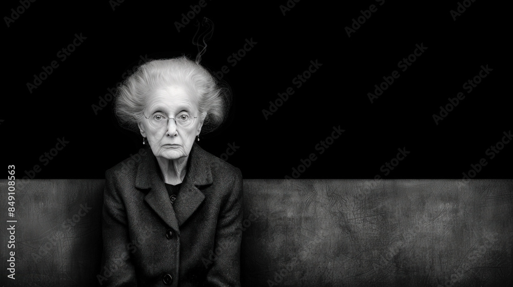 Fototapeta premium Portrait of an Elderly Woman Smoking a Cigarette: Capturing the Deep Wrinkles, Intense Eyes, and Winter Clothing in a Striking Image that Conveys a Lifetime of Stories Wallpaper Digital Art Poster