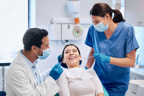 Fotografie Woman, doctor and dentist with patient in clinic for consultation on medical advice hygiene for dental care or cleaning