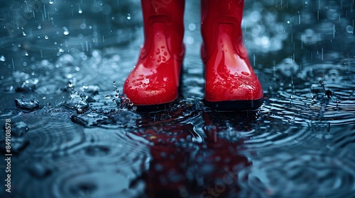 Red gumboots in rain full of water photo