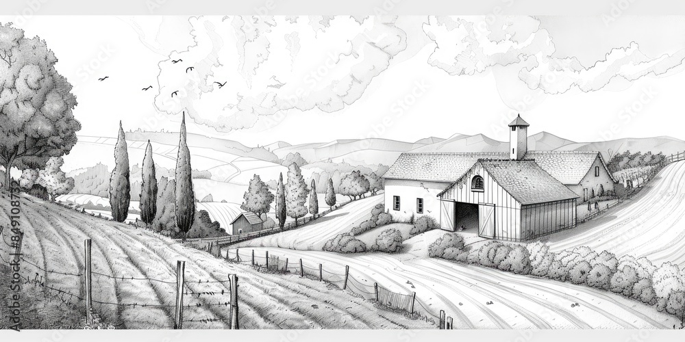 Fototapeta premium Pen and Ink Drawing of a Rural Farm