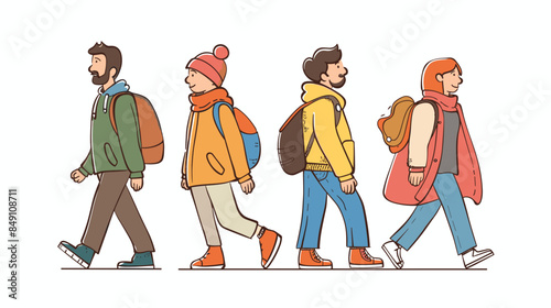 Four diverse individuals strolling side side, exuding distinct fashion styles. Casual, autumnal attire, beanies scarves, highlights cool weather. Group friends walking, showcasing youth, street