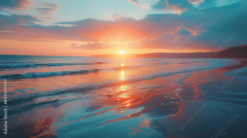 Fototapeta premium A seaside scene at sunset, where the sky blazes with colors of orange and pink above a calm sea. The gentle waves reflect the skyâ€™s colors, creating a peaceful, reflective environment.