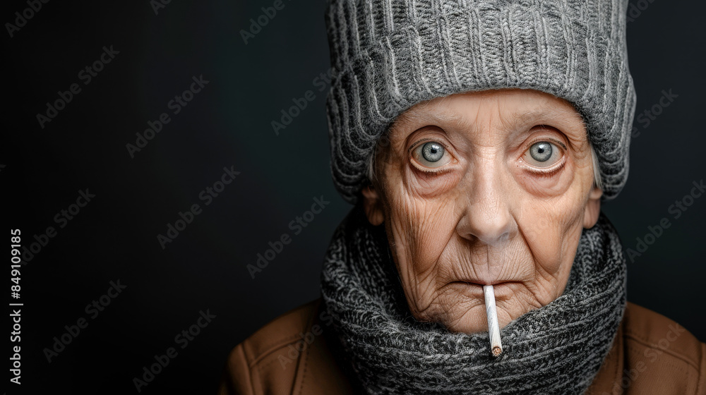 Fototapeta premium Portrait of an Elderly Woman Smoking a Cigarette: Capturing the Deep Wrinkles, Intense Eyes, and Winter Clothing in a Striking Image that Conveys a Lifetime of Stories Wallpaper Digital Art Poster