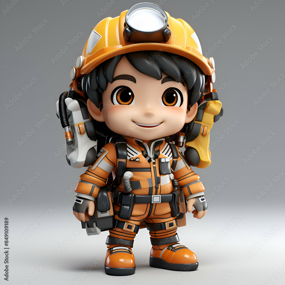 3D Render of Cute Little Firefighter Girl with orange helmet 3D Render of Cute Little Firefighter Girl with orange helmet