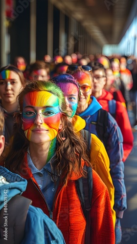 Vibrant Rainbow Faces in a Colorful Crowd at a Lively