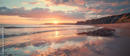 A seaside scene at sunset, where the sky blazes with colors of orange and pink above a calm sea. The gentle waves reflect the skyâ€™s colors, creating a peaceful, reflective environment.