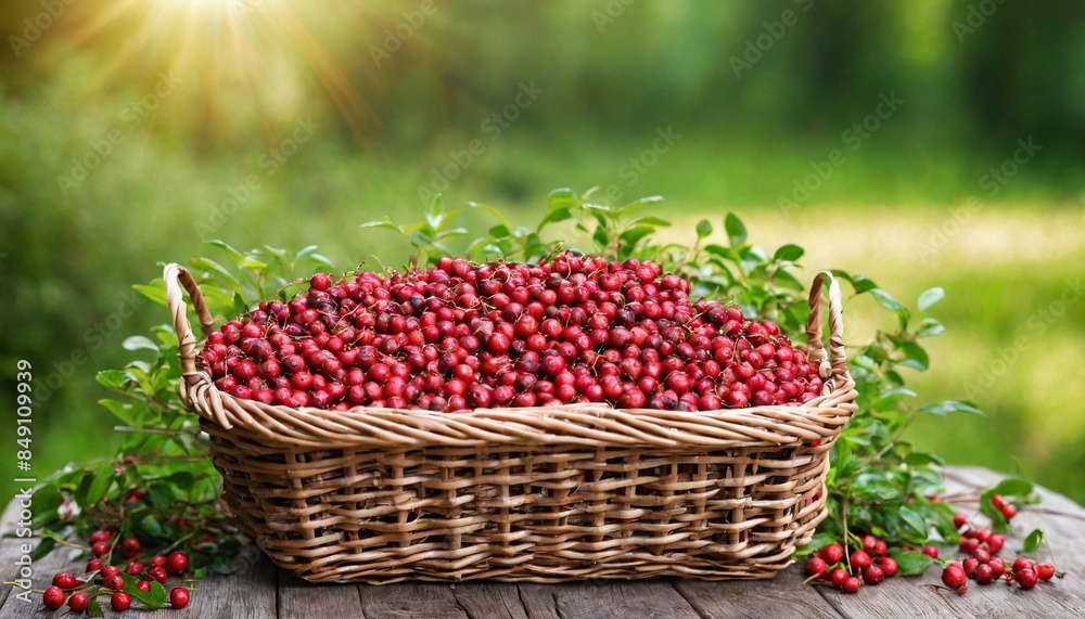 A basket filled with lingonberry is placed on top of a wooden table, showcasing the harvest of fresh produce. Healthy food, summer fruits. Design for banner, poster with copy space. A basket filled with lingonberry is placed on top of a wooden table, showcasing the harvest of fresh produce. Healthy food, summer fruits. Design for banner, poster with copy space.