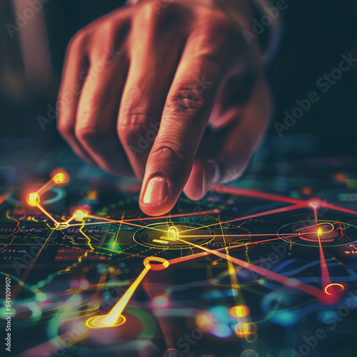 Hand pointing at a point of light on a digital screen, finger pointing at digital screen scattered light connected to the future.