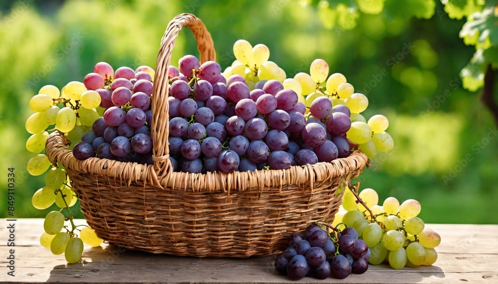 A basket filled with grapes is placed on top of a wooden table, showcasing the harvest of fresh produce. Healthy food, summer fruits. Design for banner, poster with copy space. A basket filled with grapes is placed on top of a wooden table, showcasing the harvest of fresh produce. Healthy food, summer fruits. Design for banner, poster with copy space.